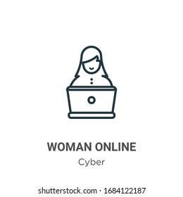 Woman online outline vector icon. Thin line black woman online icon, flat vector simple element illustration from editable cyber concept isolated stroke on white background