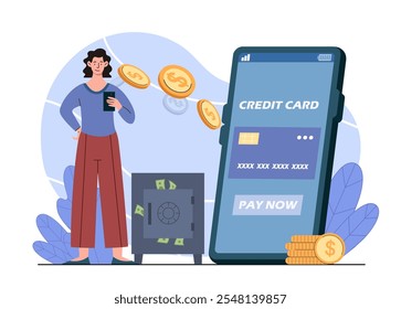 Woman with online payment. Young girl with smartphone near gold coins and bank card. Cashless transfers and transactions. Ecommerce. Flat vector illustration isolated on white background