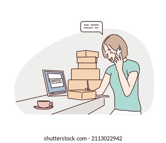 Woman online seller confirming orders from customer on the phone. Hand drawn style vector design illustrations.