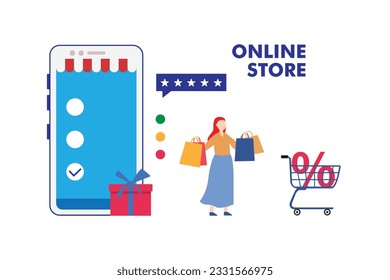 Woman Online shopping 2d vector illustration concept for banner, website, illustration, landing page, flyer, etc.