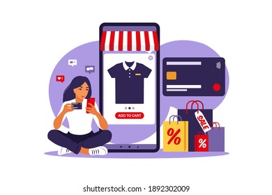 Woman online shopping. Black friday. Pay with credit card. Sale. Modern concept for web. Vector illustration. Flat style.