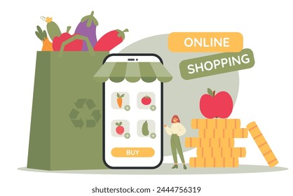 Woman online shopping, buy fresh vegetables. App on phone screen. E-commerce. Online shop. Flat vector illustration
