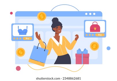 Woman with online shopping concept. Young girl with package. Electronic commerce and marketing. Discounts, sales and promotions, special limited offer. Cartoon flat vector illustration