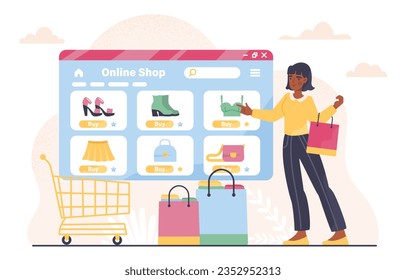 Woman with online shopping concept. Young girl with bag chooses clothes and shoes in online store. Electronic commerce and marketing. Home delivery. Cartoon flat vector illustration