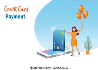Woman online shopping with credit card payment. Digital marketing, financial promotion for E commerce and e payment.