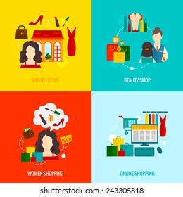 Woman online shopping design concepts set with beauty store flat icons set isolated vector illustration