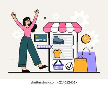 Woman and online shopping. Girl chooses goods in store, Internet and home delivery, presents. Character near smartphone, modern technology and digital world. Cartoon flat vector illustration