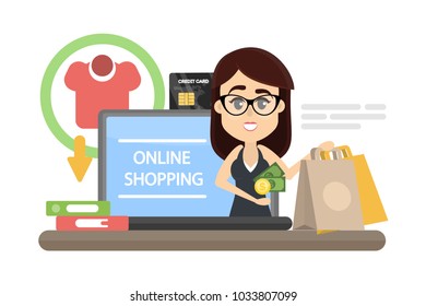 Woman online shopping at home with computer.