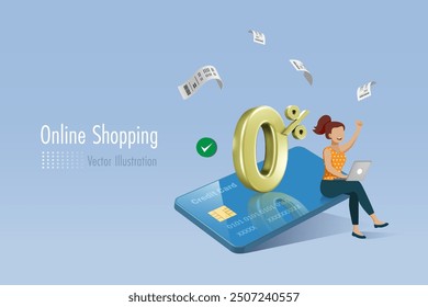 Woman online shopping on credit card with zero percentage interest fee offer. Money spending, financial marketing and interest fee promotion for online shopping and commercial store. 3D vector.