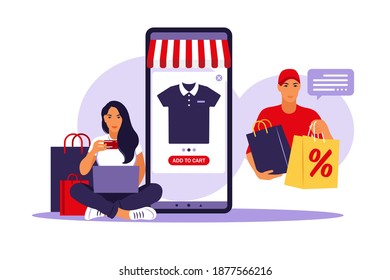 Woman online shopping. Pay with credit card. Sale. Fast delivery vector concept. The Courier parcel to the customer. Vector illustration. Flat style.