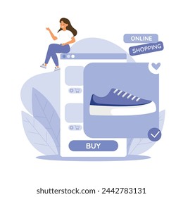 Woman online shopping, sitting on huge web page, choosing clothes. Modern simple illustration