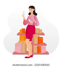 Woman online shopping with smartphone. Girl shopping online flat vector illustration. Young woman buying. 