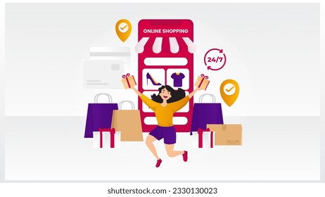 Woman online shopping with smartphone. Girl shopping online flat vector illustration. Young woman buying. 