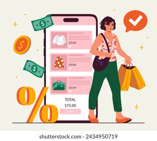 Woman with online shopping. Young girl with shopping bags near smartphone screen. Electronic commerce and home delivery. Discounts and promotions, sales. Cartoon flat vector illustraton