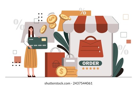 Woman with online shopping. Young girl with banking cards with golden coins and money. Cashless transfers and transactions. Electronic commerce and marketing. Cartoon flat vector illustration