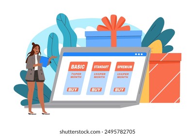 Woman with online shopping. Young girl near laptop and gift boxes. Purchasing goods on Internet, electronic commerce. Cashless transfers and transactions. Flat vector illustration