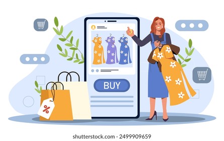 Woman with online shopping. Young girl with dress in hand near smartphone and shopping packages. Electronic commerce and home delivery. Cashless transfers and transactions. Flat vector illustration