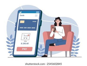 Woman with online shopping. Young girl with smartphone with bank card. Cashless transfers and transactions. Electronic wallet and digital money. Flat vector illustration isolated on white background