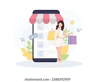 woman with online shop,young girl with shopping bags near- smartphone, shopping on internet 