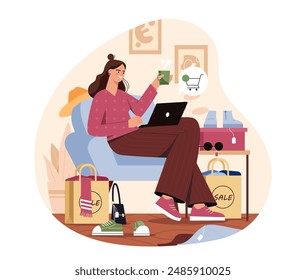 Woman with online store. Young girl sitting with laptop and choosing goods. Shopping on internet and electronic commerce, home delivery. Retail and marketplace. Cartoon vector illustration