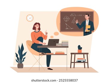 Woman with online teacher. Young girl with laptop listens to lecture on Internet. Education and training, learning. Student with educational materials. Flat vector illustration