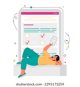 Woman with online test. Young girl sitting with mobile phone at examination. Student with smartphone answers questions. Education and training, knowledge testing. Cartoon flat vector illustration