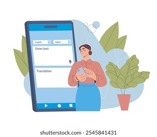 Woman with online translator. Young girl with smartphone with Japanese to English translator app. Vocabulary and glossary. Flat vector illustration isolated on white background