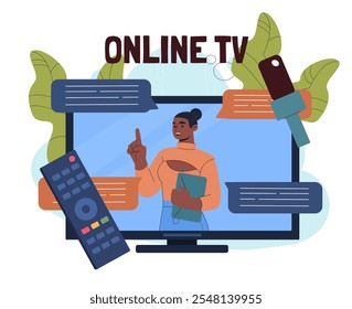 Mulher com tv online. Jovem menina na tela da televisão. Programa de TV. Apresentador diz notícias de última hora. Diversão e entretenimento, lazer. Ilustração de vetor plano isolada no plano de fundo branco