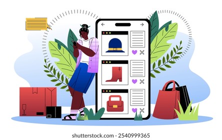 Mujer con lista de deseos en línea. Chica joven agrega ropa al Carrito en la tienda en línea. Moda y estilo, tendencia. Comercio Electrónica y entrega a domicilio. Ilustración vectorial plana aislada sobre fondo blanco