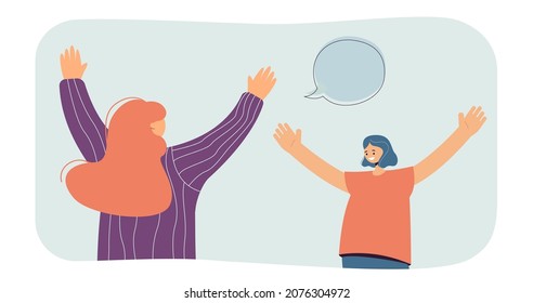 Woman with open arms happy to see her friend. Two female characters welcoming each other flat vector illustration. Friendship, long-awaited meeting concept for banner, website design, landing web page