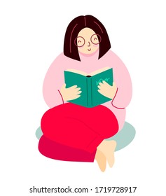 Woman with open book in her hands. Girl reading book, isolated on white background. Flat cartoon vector illustration.