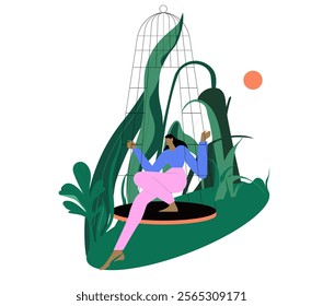 Woman open cage, overcome fear and doubt, escape comfort zone. Psychological concept of freedom and risk. Person become free, get rid of phobia. Flat vector illustration isolated on white background