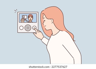 Woman open door looking at male courier showing ID to camera. Visitor present identification card to intercom entering building. Vector illustration. 