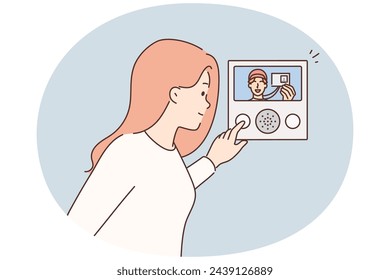 Woman open door looking at male courier showing ID to camera. Visitor present identification card to intercom entering building. Vector illustration.