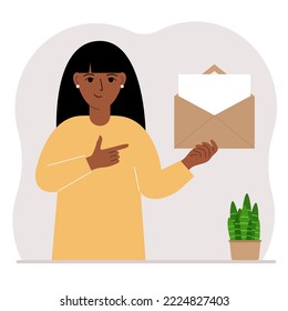 A woman with an open envelope with a letter. Empty sheet of paper for text template. Mail concept. Sending a message, notification, invitation. Vector flat illustration.