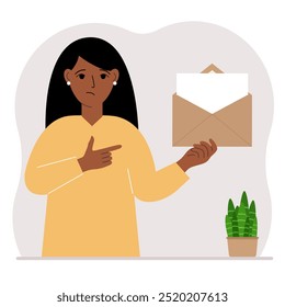 A woman with an open envelope with a letter. Empty sheet of paper for text template. Mail concept. Sending a message, notification, invitation