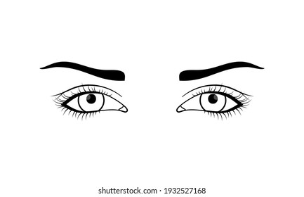 Woman open eyes in different colors collection in outline style. Female hand drawn eye eyelash and eyebrow. Vector illustration set