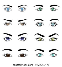 Woman open eyes in different colors collection in outline style. Female hand drawn eye eyelash and eyebrow. Vector illustration set