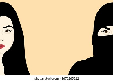 woman with open hair and woman wearing a burka