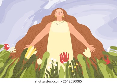 Woman with open hands, feeling self love, bliss, harmony, positive emotion. Happy calm peaceful girl greets the world. Care, humanity, selfhelp and peace concept. Colored flat vector illustration