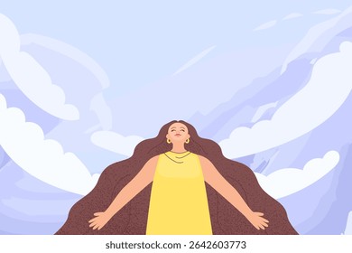Woman with open hands, feeling self love, bliss, harmony, positive emotion. Happy calm peaceful girl greets the world. Care, humanity, selfhelp and peace concept. Colored flat vector illustration