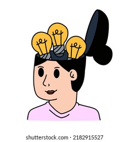 Woman with open mind. Concept of idea, knowledge and learning. Light bulb in empty head. Psychological development. Outline cartoon illustration