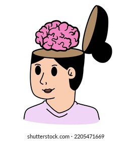 Woman with open mind. Concept of knowledge and learning. Brain in empty head. Psychological development. Outline cartoon illustration
