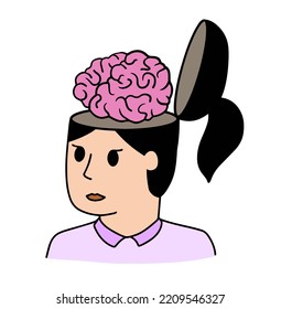 Woman with open mind. Concept of knowledge and learning. Brain in empty head. Psychological development. Outline cartoon illustration