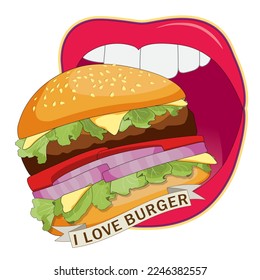 Woman open mouth eating burger ordered on the fast food menu. Hamburger with cutlet, tomatoes and onion. Logo icon vector illustration design.