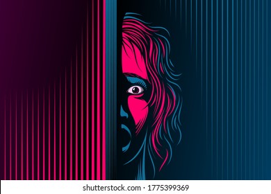 Woman with open mouth, eyes. The emotion of fear, scared on face. Girl is in shock, dumbfounded, stupor, speechless. Victim of domestic violence, abuse. Vector illustration in retro noir comics style