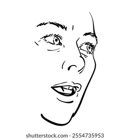 Woman with open mouth face looking aside isolated, Vector linear sketch, Hand drawn illustration