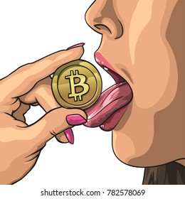 Woman with an open mouth licks bitcoin. Vector illustration