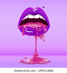 Woman open the mouth and spit out the pink color, Sexy Lip Vector, women's lips, purple lips, Makeup