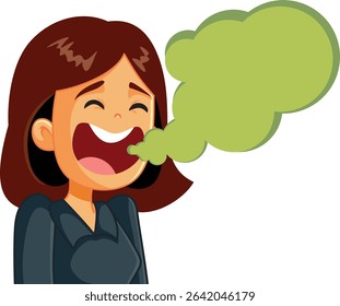 
Woman With Open Mouth Suffers from Bad Breath Vector Cartoon. Adult suffering from bad breath health problem due to poor oral hygiene